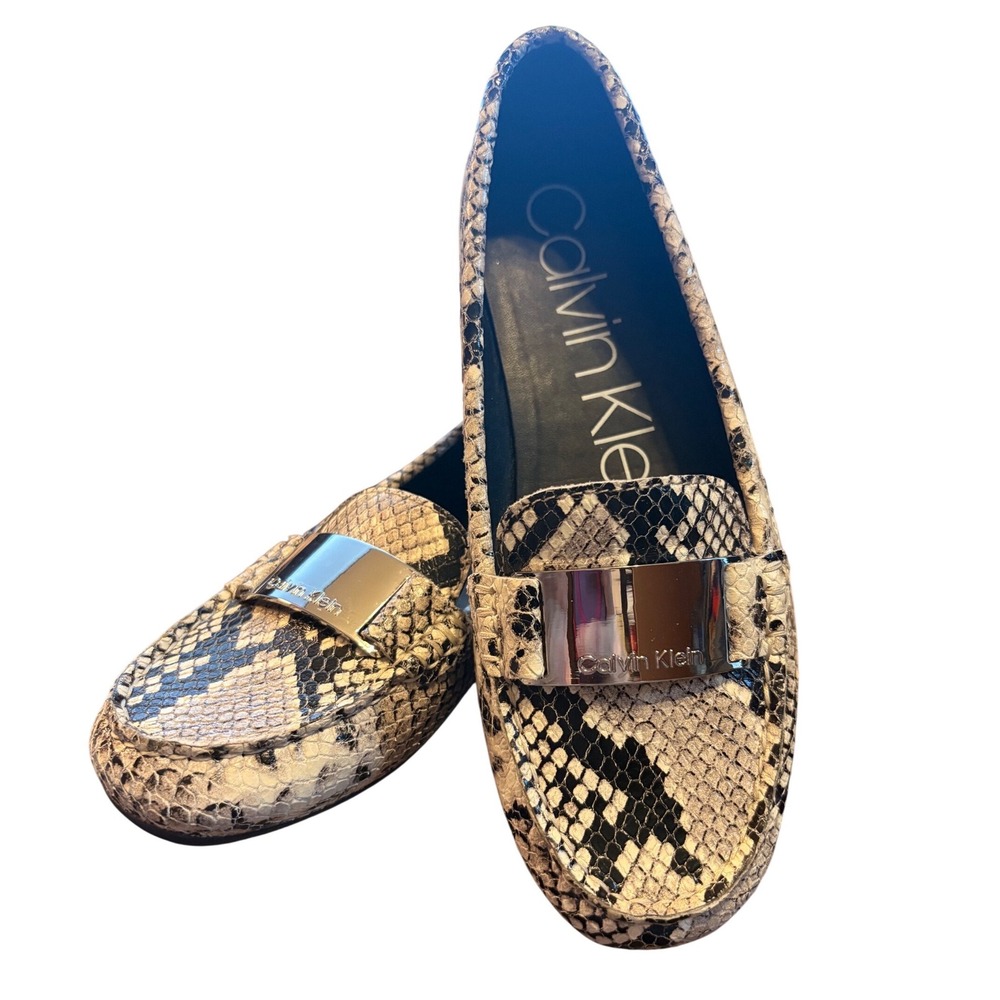 Calvin Klein Lisette Snakeskin Leather Loafers Black White Silver Logo Bar 6M